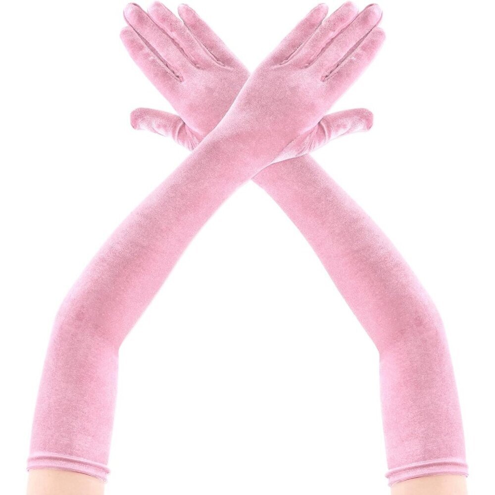 Women's Pink Velvet Long Gloves Elbow Length Costume Flapper Evening Banquet